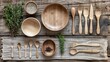 Eco-friendly tableware set arranged neatly on a rustic wood surface