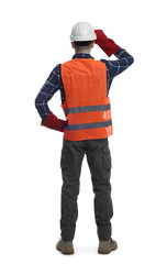 Wall Mural - Young man wearing safety equipment on white background, back view