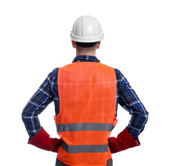 Wall Mural - Young man wearing safety equipment on white background, back view