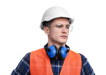 Wall Mural - Young man wearing safety equipment on white background