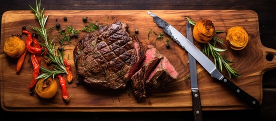 Sticker - An up-close view of a cooked steak placed on a wooden cutting board, accompanied by a sharp knife