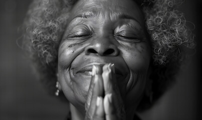 Wall Mural - Old black christian woman praying to God and smiling. Black and white.