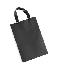 Sticker - One black paper shopping bag on white background, top view. Space for text