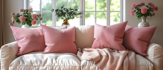 Wall Mural - Modern living room with a cozy home place Pink and white pillows and a blanket on a sofa near a window, Grey sofa with cozy pillows, plaid and lamp near window