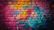 Graffiti-Covered Brick Wall in 90s Aesthetics, Bright Colors, Neon.