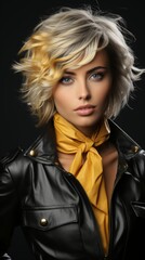 Canvas Print - Woman in Black Leather Jacket and Yellow Scarf