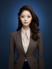 Wall Mural - Woman in Suit and Tie Against Blue Background