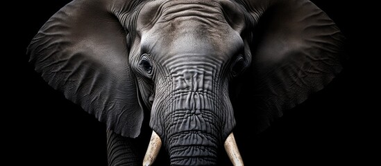 Wall Mural - A close up of an elephants head and jaw on a black background, showcasing this majestic terrestrial organism in monochrome photography