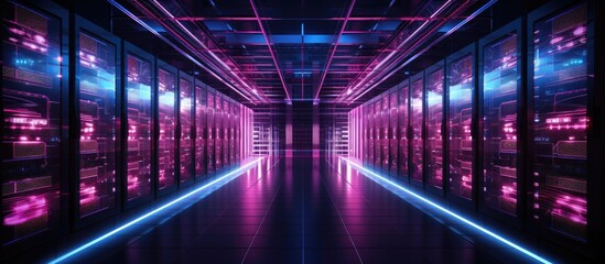 Wall Mural - A symmetrical row of servers in a data center is illuminated by neon lights in shades of purple, violet, magenta, and electric blue, creating a visually stunning visual effect lighting