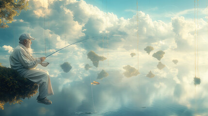 An elderly man fishing in a river that flows in the sky, reflecting on the impact of human actions on water cycles, amidst a backdrop of floating islands.