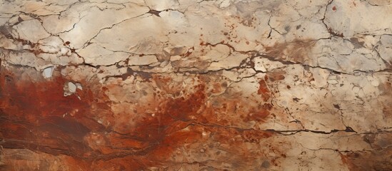 Poster - A closeup of a cracked hardwood wall with a red stain on it resembling a landscape art piece. The pattern looks like soil under a big tree