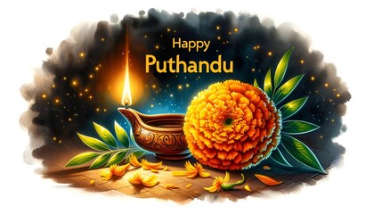 Wall Mural - Happy puthandu card in watercolor style with diya lamp and marigold flower.