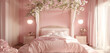 Romantic blush retreat, canopy bed, floral chandelier.