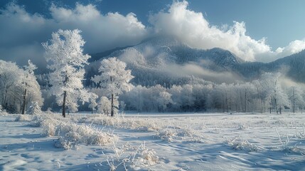 Wall Mural - Snow Covered Field With Mountains