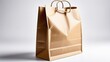 A brown paper bag with a handle is sitting on a white background. The bag appears to be empty and has a slightly torn appearance. Concept of simplicity and minimalism