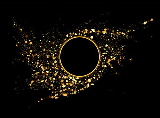 Wall Mural - Golden circle of shiny particles on a black background. Shining golden frame, place for text. Festive round border, frame.