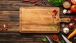 Cutting board, food and ingredients around it. Photo with copy space. Artistry in the kitchen, captured with every ingredient.