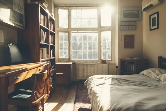A warm and inviting single-person room in the U.K. bathed in afternoon sunlight. Classic, cozy, and traditional with vintage furniture and a serene atmosphere