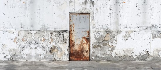 Poster - A weathered wooden door rests against a clean white building facade, creating a striking visual contrast. The rectangle shape adds an artistic touch to the citys architecture