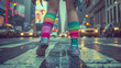 Teenager dancing running through the streets of new york. Closeup on legs in colorful stockings
