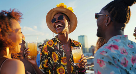 Sticker - a diverse group having fun at an outdoor rooftop party in Miami, Florida with drinks and music while laughing together