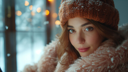 A young woman warms herself in a warm room during the winter.