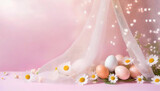 Fototapeta  - Wielkanoc, kartka wielkanocna, dekoracja, różowe tło, puste miejsce na tekst, życzenia