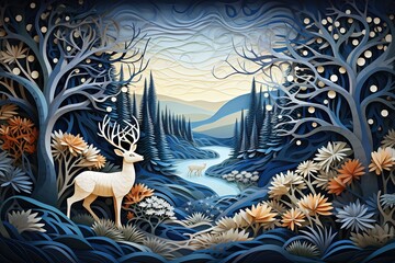  Papercut Art of Deer in a Mystical Forest Landscape. 