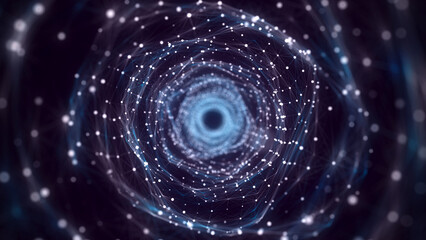 Leinwandbilder - Abstract 3d portal. Tunnel or wormhole. Digital blue background with connected blue dots. 3d rendering.