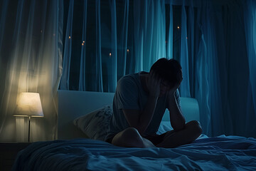 depressed man sitting head in hands on the bed in the dark bedroom with low light environment, dramatic concept