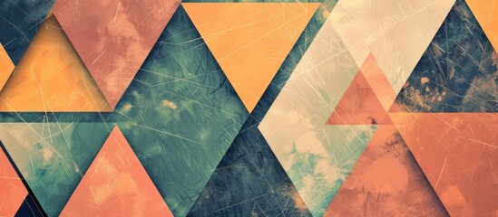 Poster - A close up of an artful pattern of colorful triangles in shades of electric blue, peach, and other hues, creating a visually striking display of symmetry on a wall