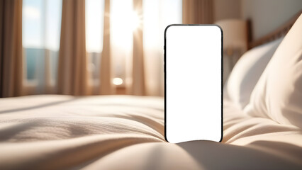 Mobile phone screen mockup. Blank smartphone display mock up. Bedroom background