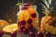 cherries, pineapple slices, orange slices in a glass jar