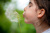 Fototapeta Sawanna - Little girl blowing dandelion seeds