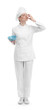 © New Africa - Woman chef in uniform holding bowl and showing perfect sign on white background