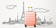 a colorful suitcase in front of a drawing of famous monuments - promotion last minute flight travel guide ads illustration.