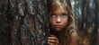 Girl Hiding Behind Tree in Woods