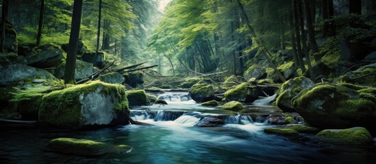 Wall Mural - A picturesque scene of a river flowing through a vibrant green forest with rocky banks and towering trees, creating a stunning natural landscape
