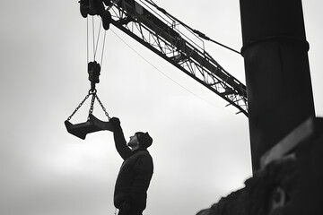 Wall Mural - A tower crane on a construction site. A specially trained inspector tests crane hook. Canon R5, 50mm, DSLR, man inspecting an excavator.