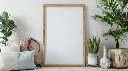 Poster mockup with vertical wooden frame in home interior background