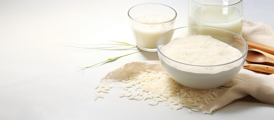 Wall Mural - Two glasses filled with creamy milk and a portion of fluffy white rice placed neatly on a wooden table