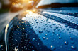 Glistening raindrops adorn a car's hood, reflecting the golden hues of sunset.