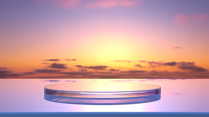 Wall Mural - Glass podium on gentle sunset sky background