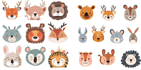 Wall Mural - Hand drawn happy animals faces, smiling bear, funny fox and koala cartoon vector illustration set