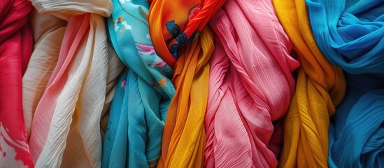 Poster - A collection of colorful scarves, including pink, magenta, and electric blue stoles, stacked in an artistic display showcasing different textile patterns in outerwear fashion design