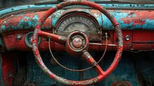 Detailed Shot Of A Vintage Car's Wooden Steering Wheel, Weathered By Years Of Driving, Imbued With A Sense Of Nostalgia.