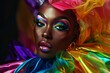 © annne - LGBT history month or black history month: Afro American Gay pride parade, Fictional queer or gender non binary person with pink hair: Man with makeup, drag queen, background with rainbow flag