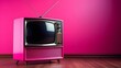 Old retro TV, vintage 50s television in pink color