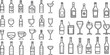 Outline bottles and glasses with beer, wine and bar cocktails