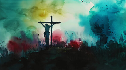 Wall Mural - Easter crucifixion scene with silhouettes of the cross of Jesus Christ. Watercolor. Dark colours. Generative AI